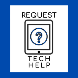 An iPad with a question mark on it with the words Request Tech Help
