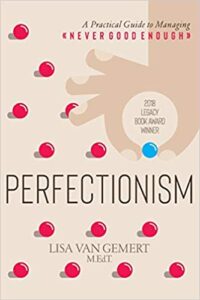 A book cover with a hand picking up a blue marble out of an array of red marbles on the cover of the book Perfectionism