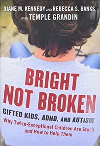 The back of a child's head with the book title Bright Not Broken: Fited Kids, ADHD and Autism on the back of its shirt