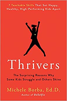 The book title Thrivers on a red book cover with a silhouette of a jumping child.