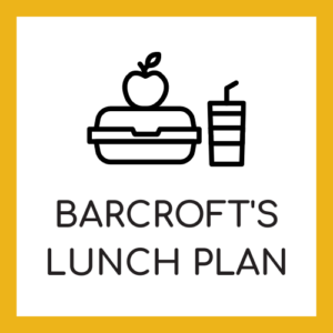 a lunch box, apple, and drink with the words Barcroft's Lunch Plan