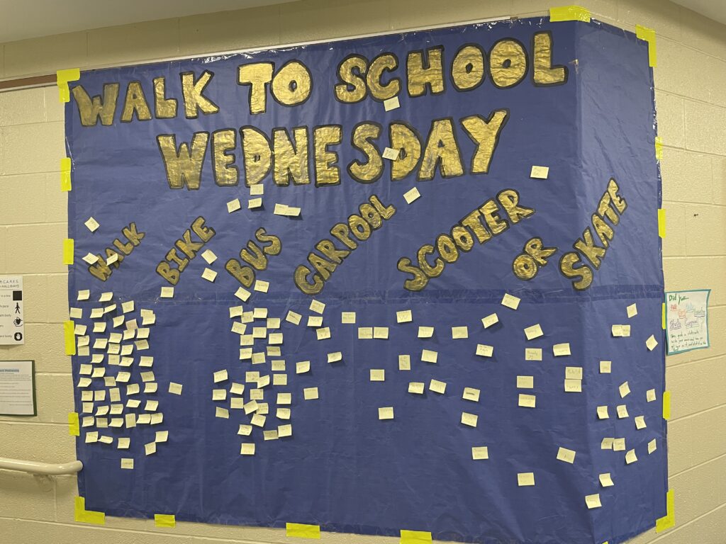 A poster hung on a wall titled Walk to School Wednesday. Post-it notes are grouped in categories for walking, biking, busing, carpooling, scootering, or skating to school.