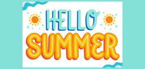 Hello Summer written in bright colors with two suns